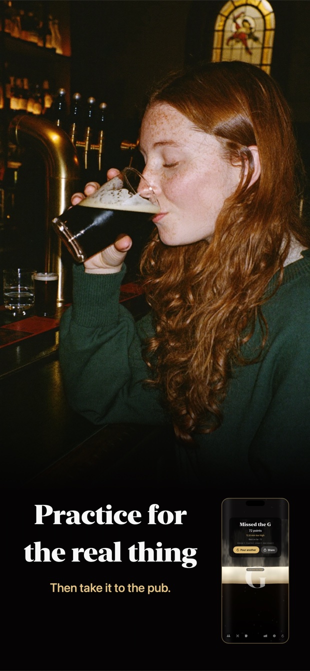 Practice for the real thing — someone mid-gulp on a pint of stout at a pub bar, with the app inset